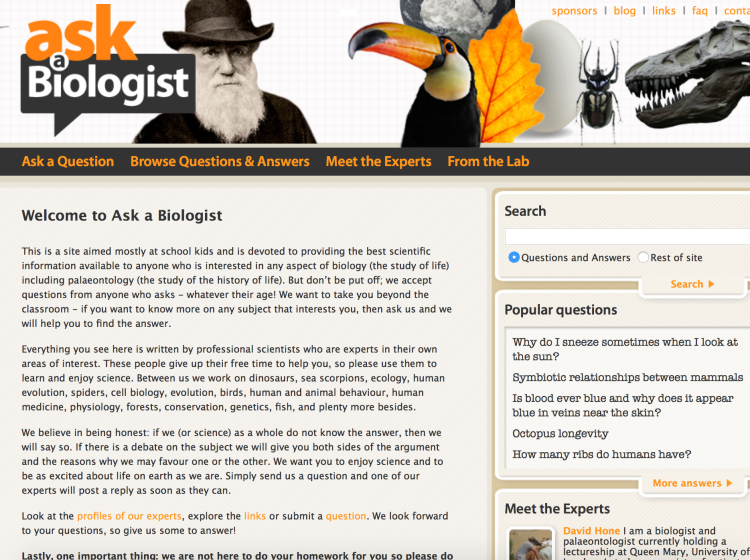 Ask a Biologist screenshot of the homepage