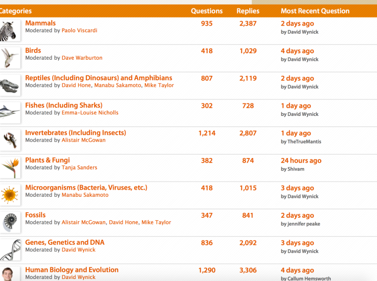 Ask a Biologist screenshot of the categories in the resource