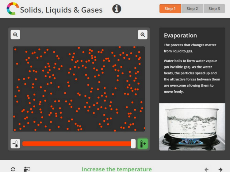 Solids liquids and gases screenshot showing evaporation